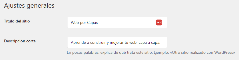 Título y descripción del sitio en los ajustes generales de WordPress